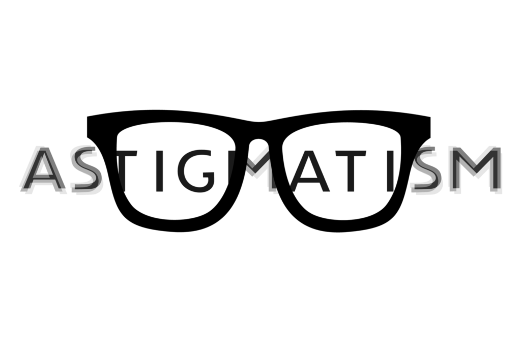 The words astigmatism appearing blurry outside of glasses, but clear inside