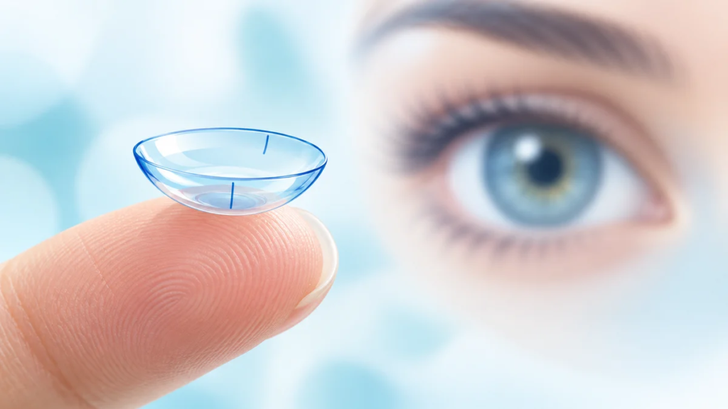 Illustration of a toric contact lens on a fingertip with a softly blurred eye behind
