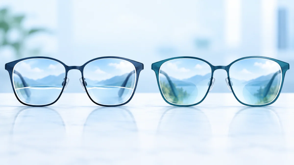 Illustration comparing bifocal lenses with a dividing line and progressive lenses with a smooth gradient