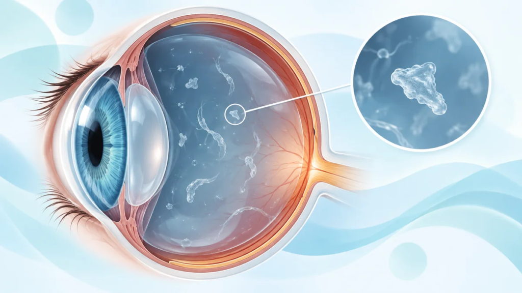 Illustration of a human eye with floaters - translucent specks drifting in the vitreous