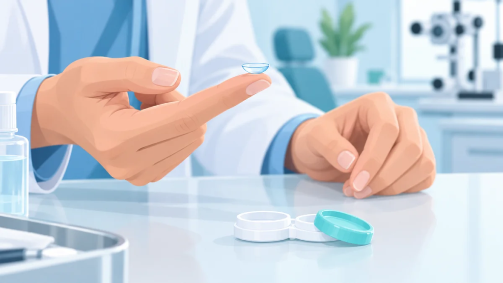 Illustration of an optometrist holding a contact lens on a fingertip in a clinic