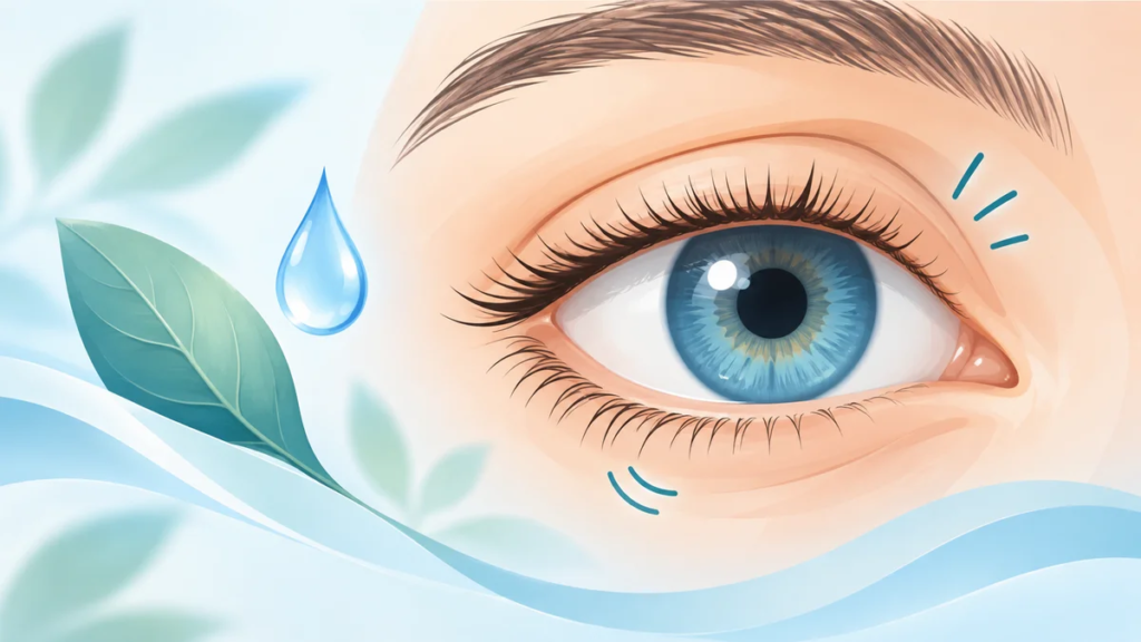 Illustration of an eye with eyelid twitch lines and calming relief elements