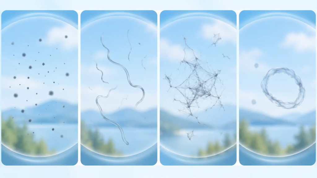 Visual guide illustration showing four types of eye floaters: dots, threads, cobwebs and Weiss ring