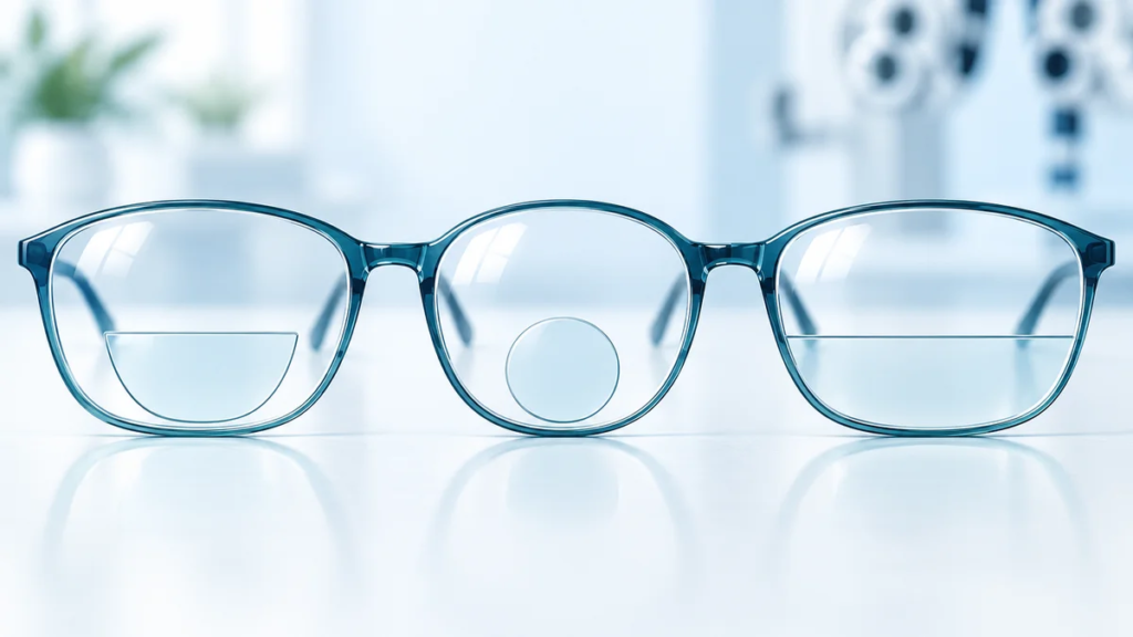 Illustration of three bifocal lens styles: D-segment, round segment and executive band