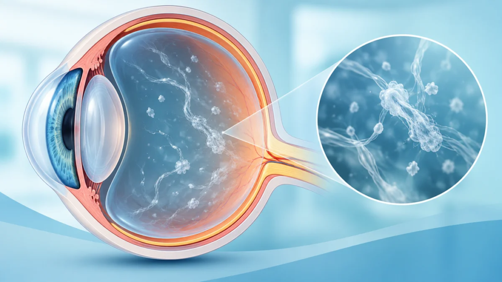 Cross-section illustration of the human eye showing vitreous gel and floaters